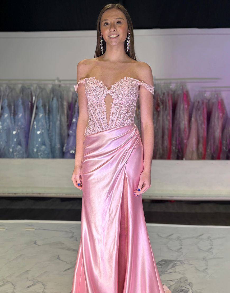 Sparkly Blush Mermaid Off the Shoulder Corset Appliques Long Prom Dress with Slit