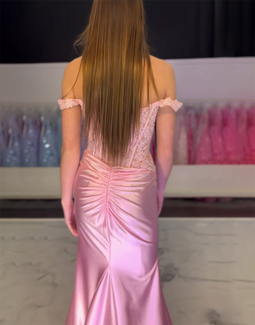 Sparkly Blush Mermaid Off the Shoulder Corset Appliques Long Prom Dress with Slit