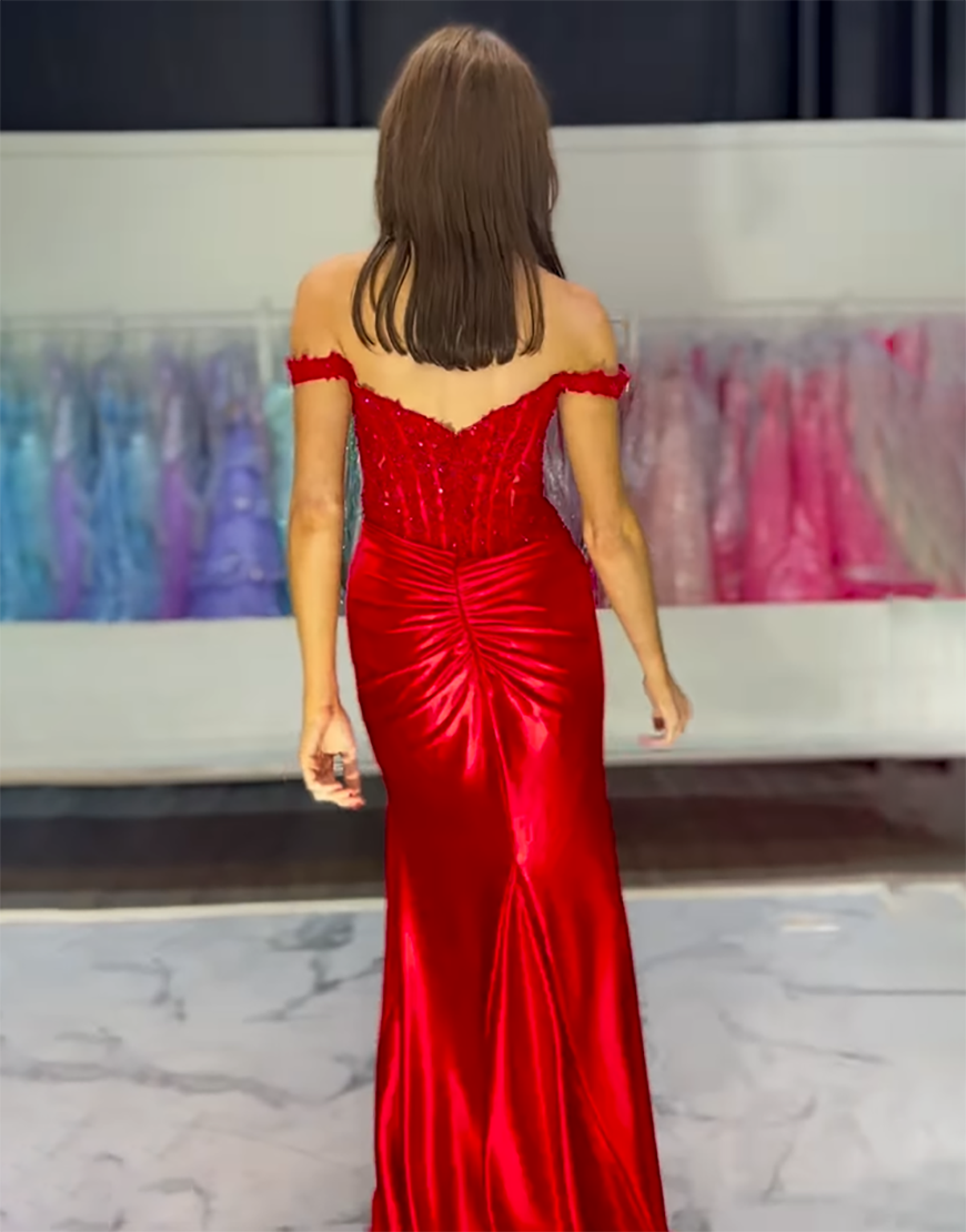 Sparkly Blush Mermaid Off the Shoulder Corset Appliques Long Prom Dress with Slit