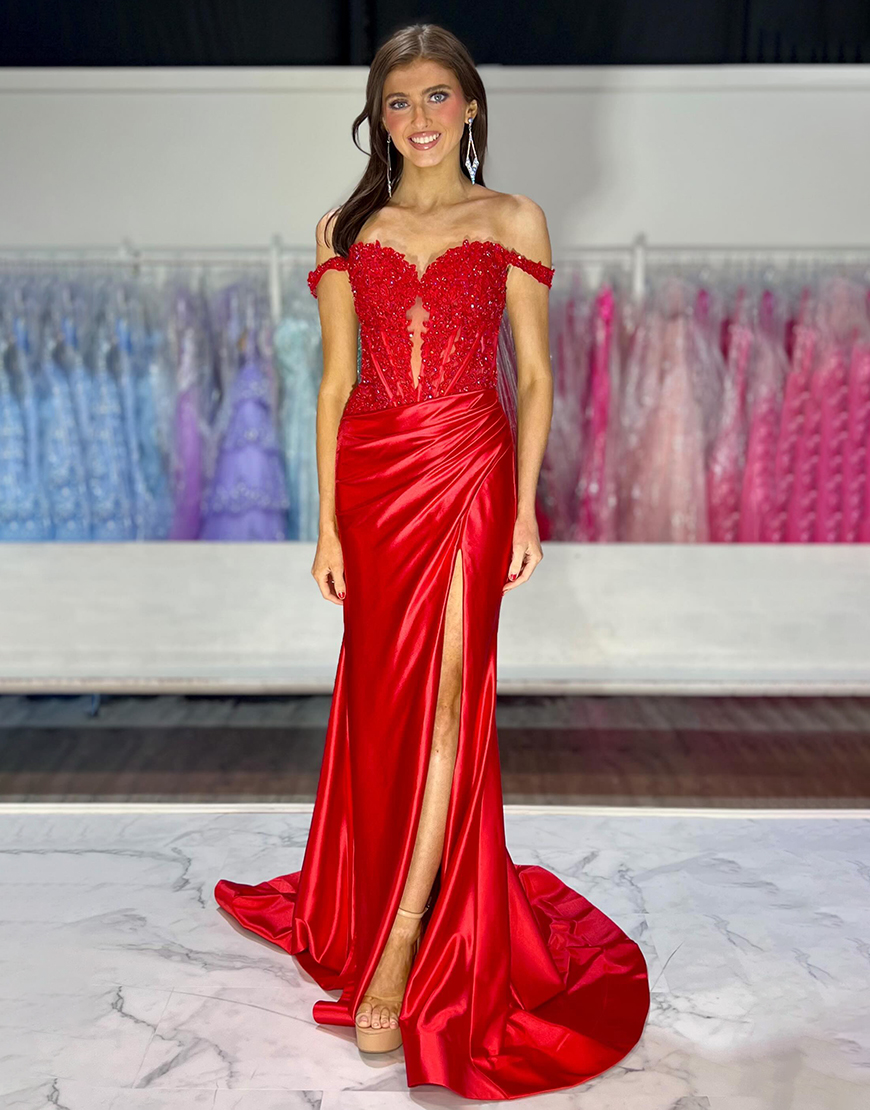 Sparkly Blush Mermaid Off the Shoulder Corset Appliques Long Prom Dress with Slit