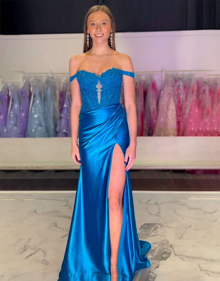 Sparkly Blush Mermaid Off the Shoulder Corset Appliques Long Prom Dress with Slit