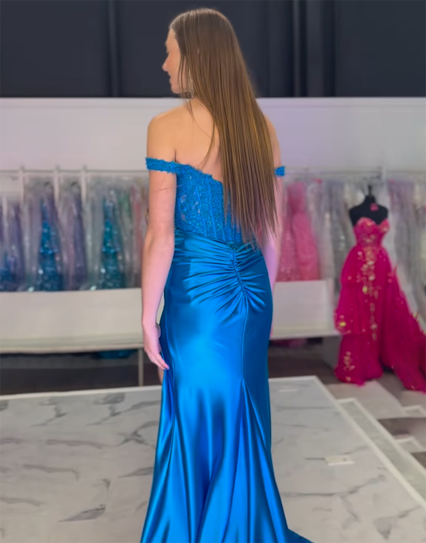 Sparkly Blush Mermaid Off the Shoulder Corset Appliques Long Prom Dress with Slit