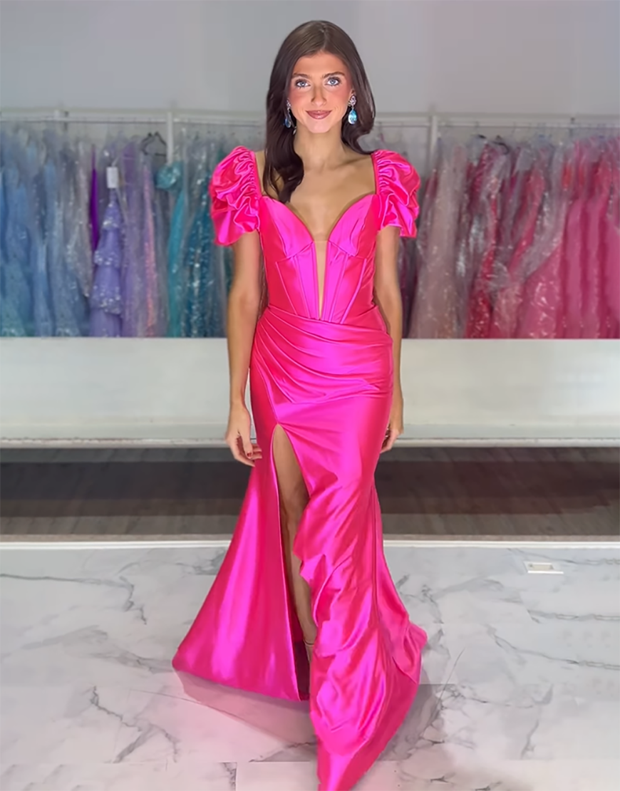 Fuchsia Mermaid Puff Sleeves Corset Ruched Long Prom Dress with Slit
