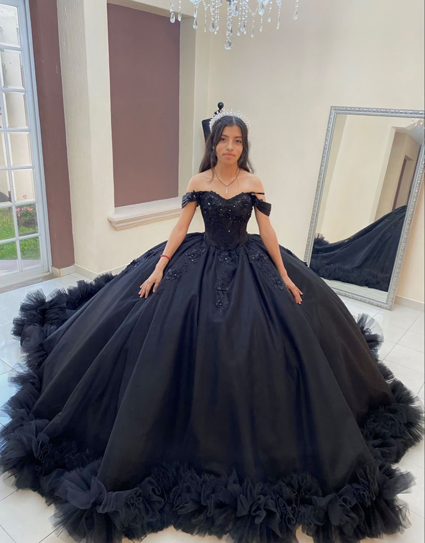 Sparkly Black Ball Gown Off the Shoulder Appliques Ruffles Quinceanera Dress