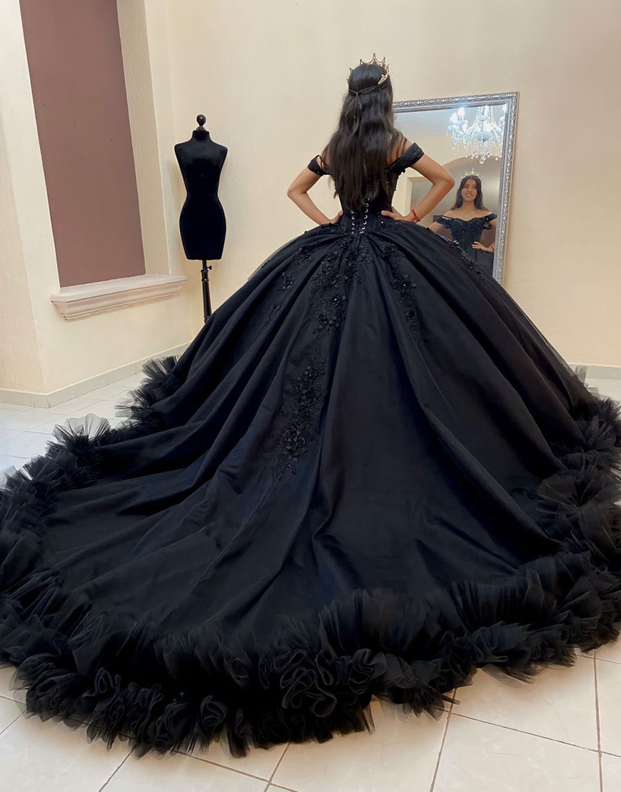 Sparkly Black Ball Gown Off the Shoulder Appliques Ruffles Quinceanera Dress