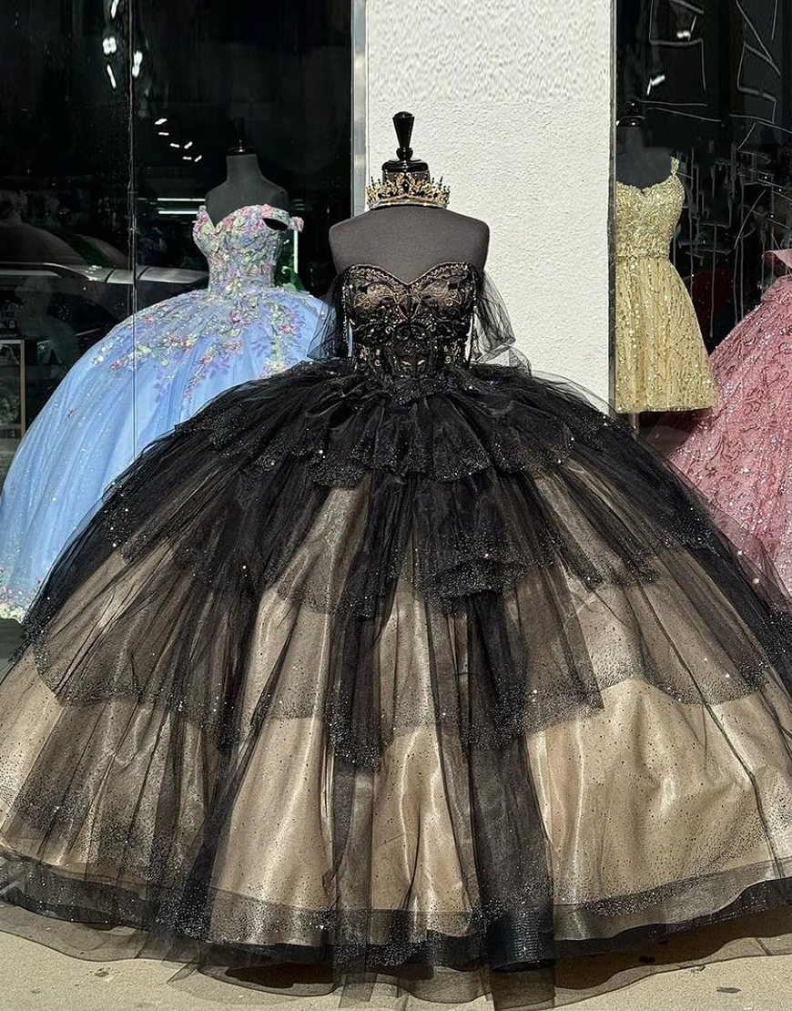 Sparkly Black Apricot Off the Shoulder Ruffles Tulle Quinceanera Dress