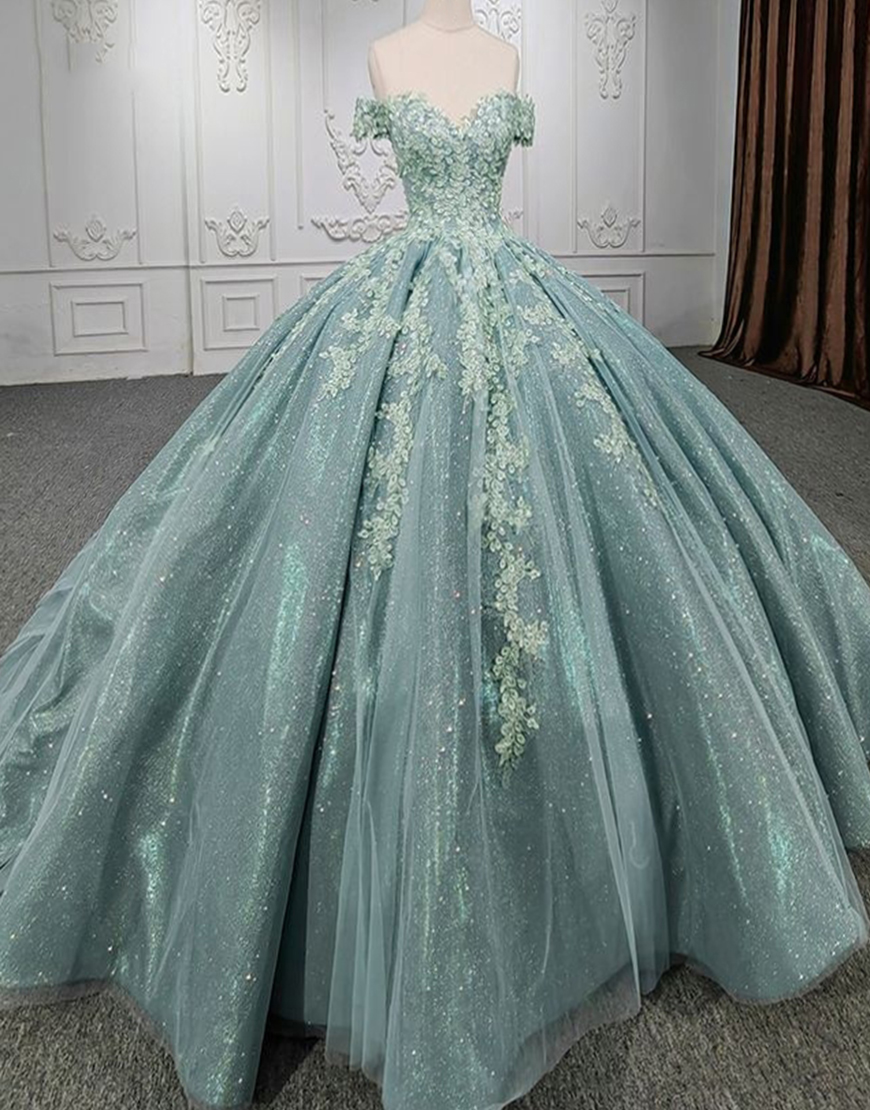Sparkly Grey Green Off the Shoulder Appliques Corset Tulle Quinceanera Dress