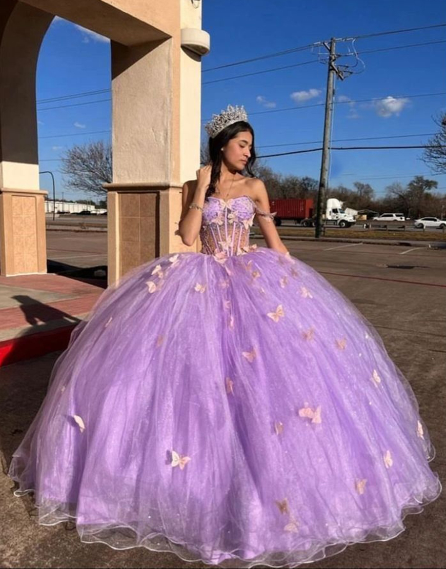 Sparkly Purple Spaghetti Straps Corset Beaded Butterflies Tulle Quinceanera Dress