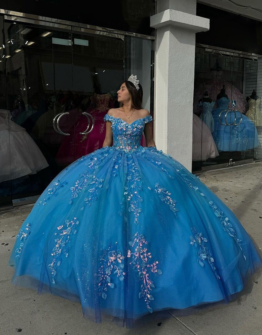 Sparky Blue Off the Shoulder Sequined Appliques Corset Tulle Quinceanera Dress