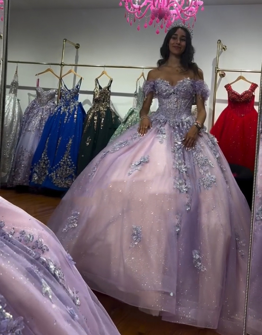 Sparkly Lilac Off the Shoulder Sequined Appliques Corset Tulle Quinceanera Dress