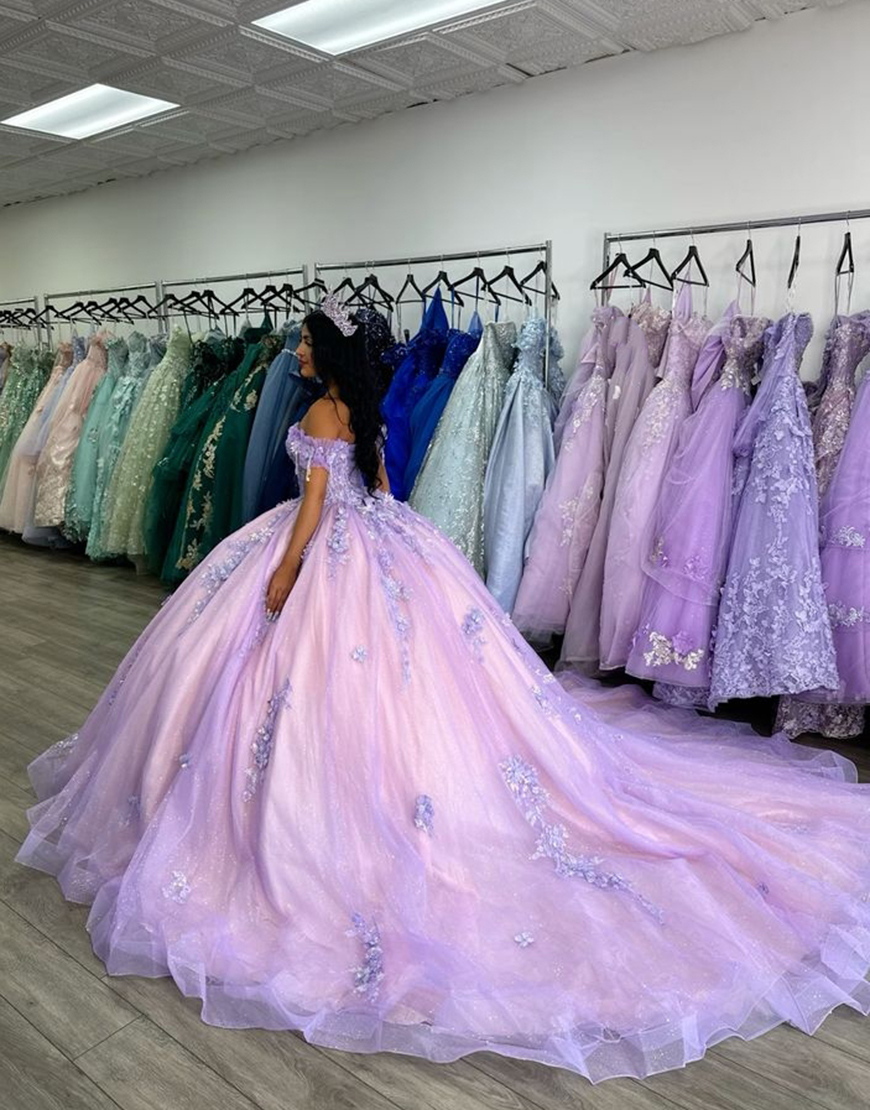 Sparkly Lilac Off the Shoulder Sequined Appliques Corset Tulle Quinceanera Dress