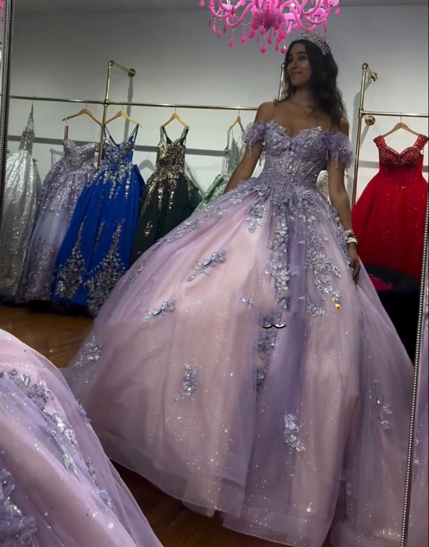 Sparkly Lilac Off the Shoulder Sequined Appliques Corset Tulle Quinceanera Dress