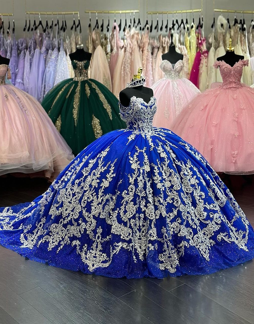 Sparkly Royal Blue Off the Shoulder Appliques Corset Tulle Quinceanera Dress