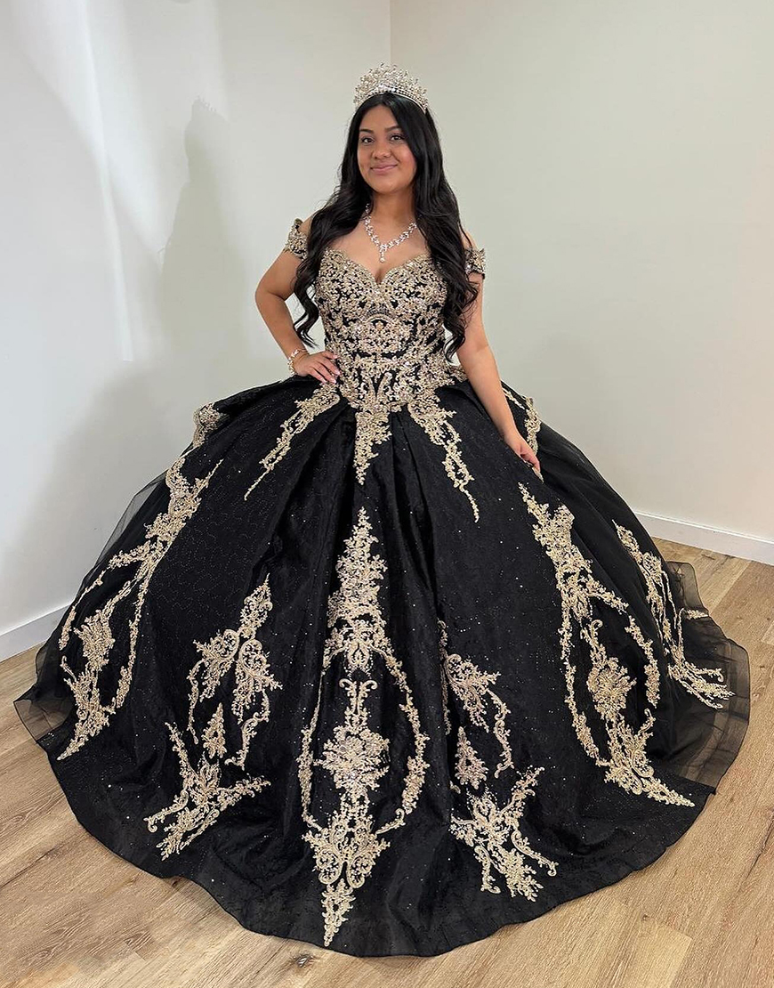 Sparky Black Golden Off the Shoulder Appliques Quinceanera Dress