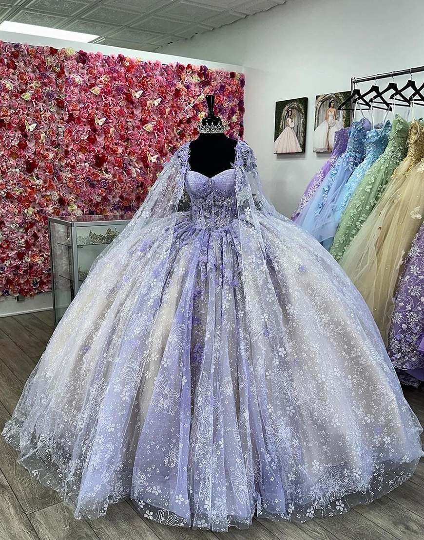 Sparkly Lilac Apricot Princess Appliques Sequined Appliques Tulle Quinceanera Dress with Cape