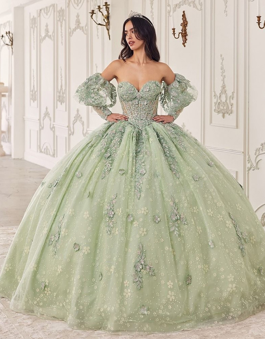 Sparkly Dusty Sage Princess Strapless Appliques Tulle Quinceanera Dress with Detachable Sleeves