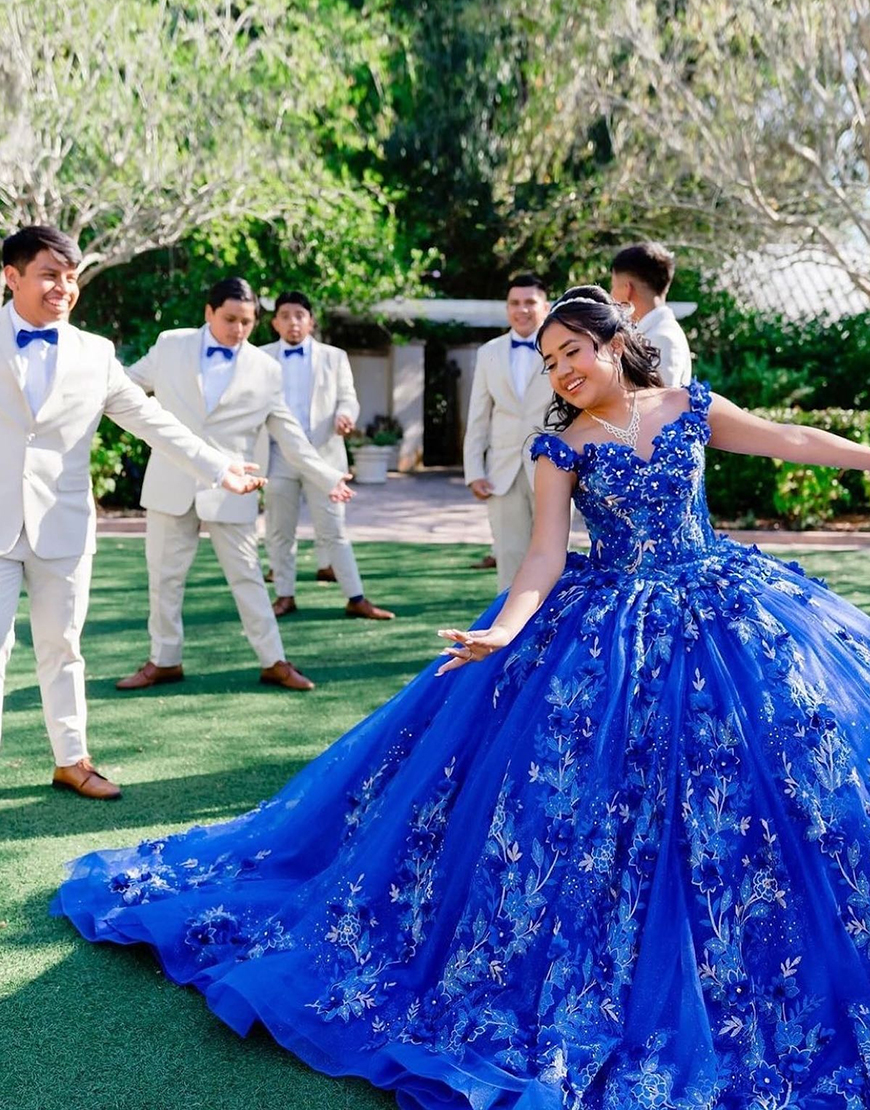 Sparkly Royal Blue Off the Shoulder Beaded Appliques Tulle Quinceanera Dress