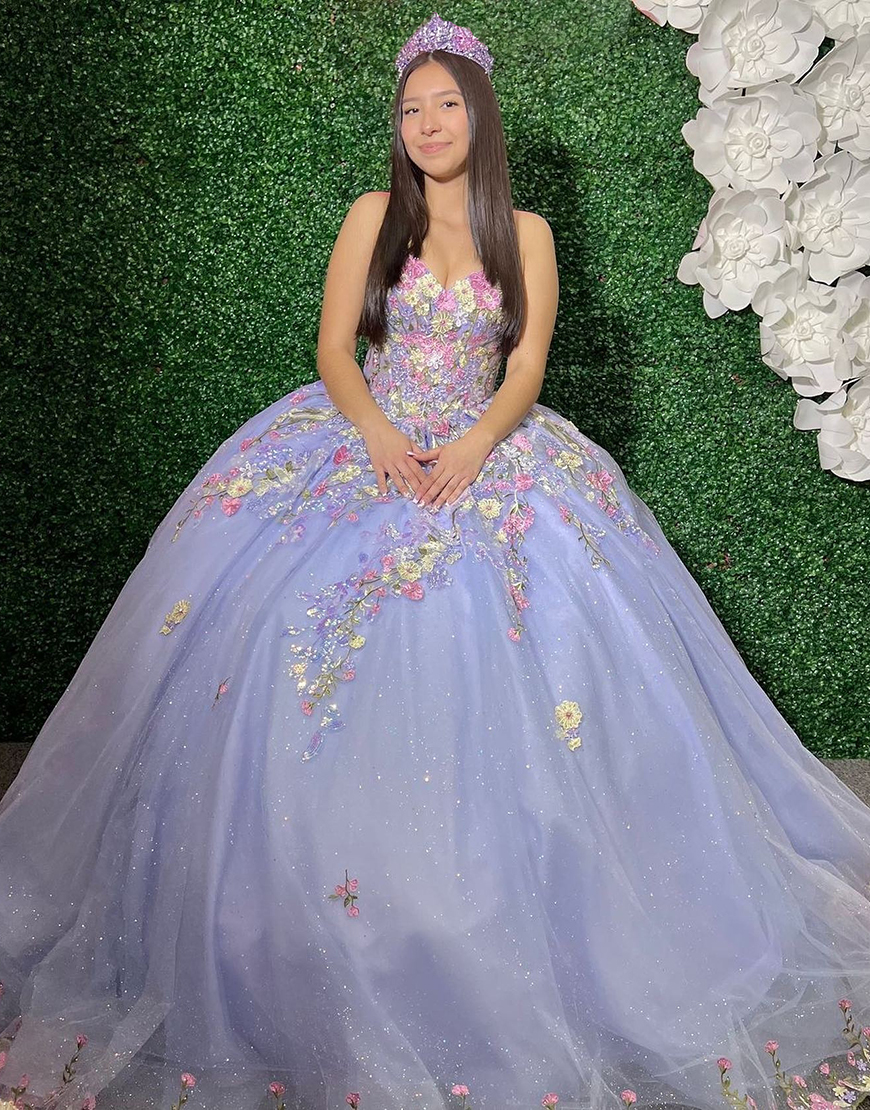 Sparkly Lilac Ball Gown Sweetheart Floral Appliques Tulle Quinceanera Dress