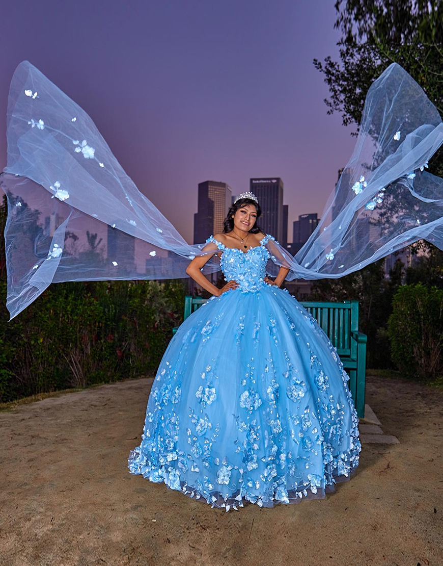Sparkly Blue Off the Shoulder Appliques Tulle Quinceanera Dress with Cape