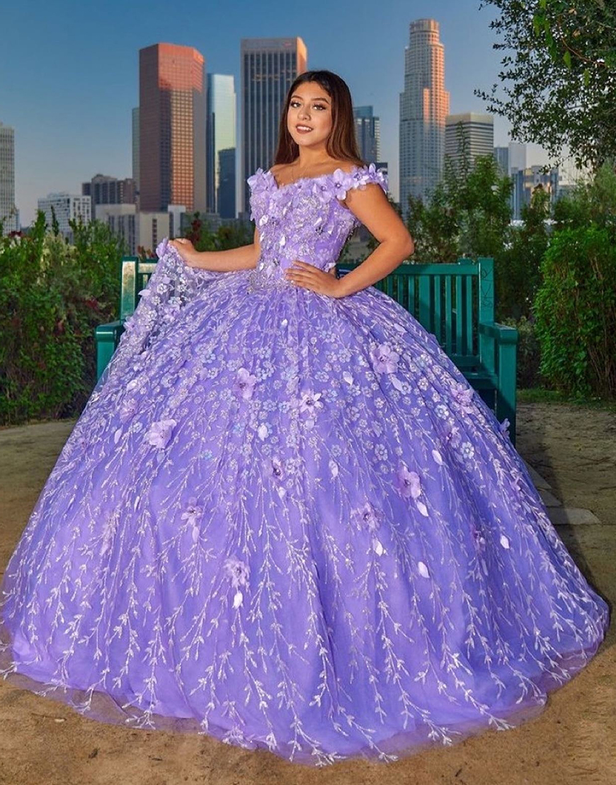 Sparkly Purple Off the Shoulder Flowers Appliques Tulle Quinceanera Dress