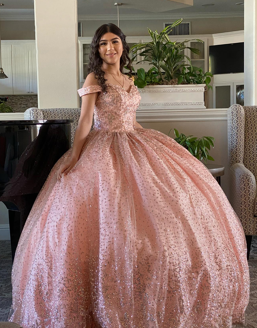Sparkly Blush Ball Gown Off the Shoulder Sequined Tulle Quinceanera Dress