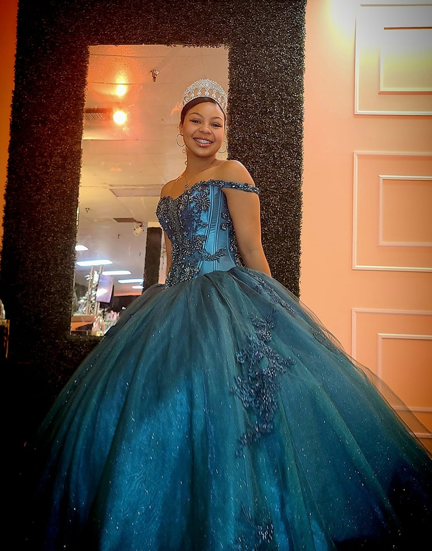 Sparkly Peacock Blue Off the Shoulder Beaded Appliques Tulle Quinceanera Dress