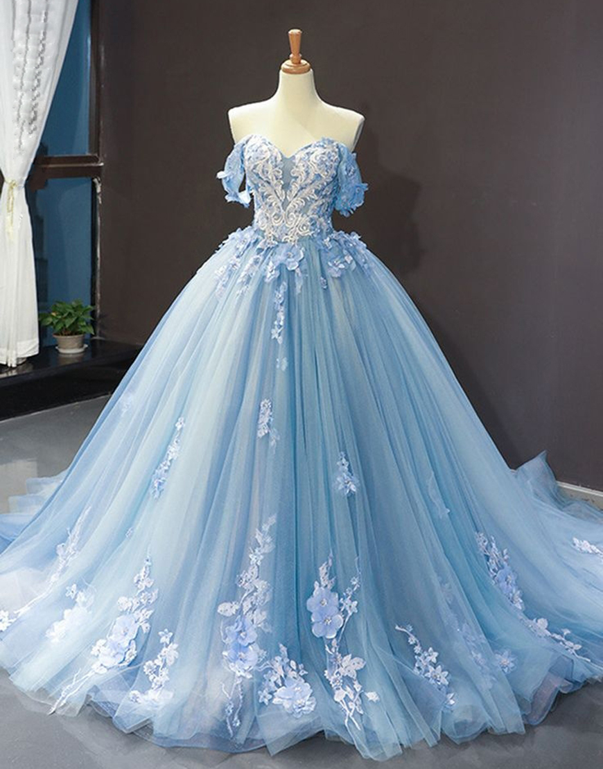 Sparkly Blue Off the Shoulder Appliques Tulle Quinceanera Dress