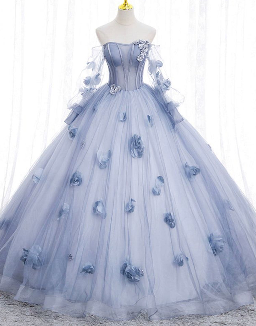 Sparkly Light Grey Blue Off the Shoulder 3D Flowers Tulle Quinceanera Dress