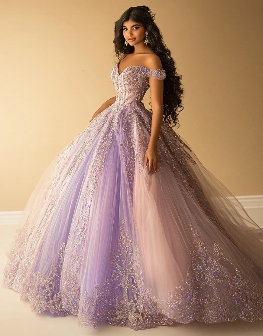Sparkly Lilac Blush Ball Gown Off the Shoulder Sequined Appliques Tulle Quinceanera Dress 