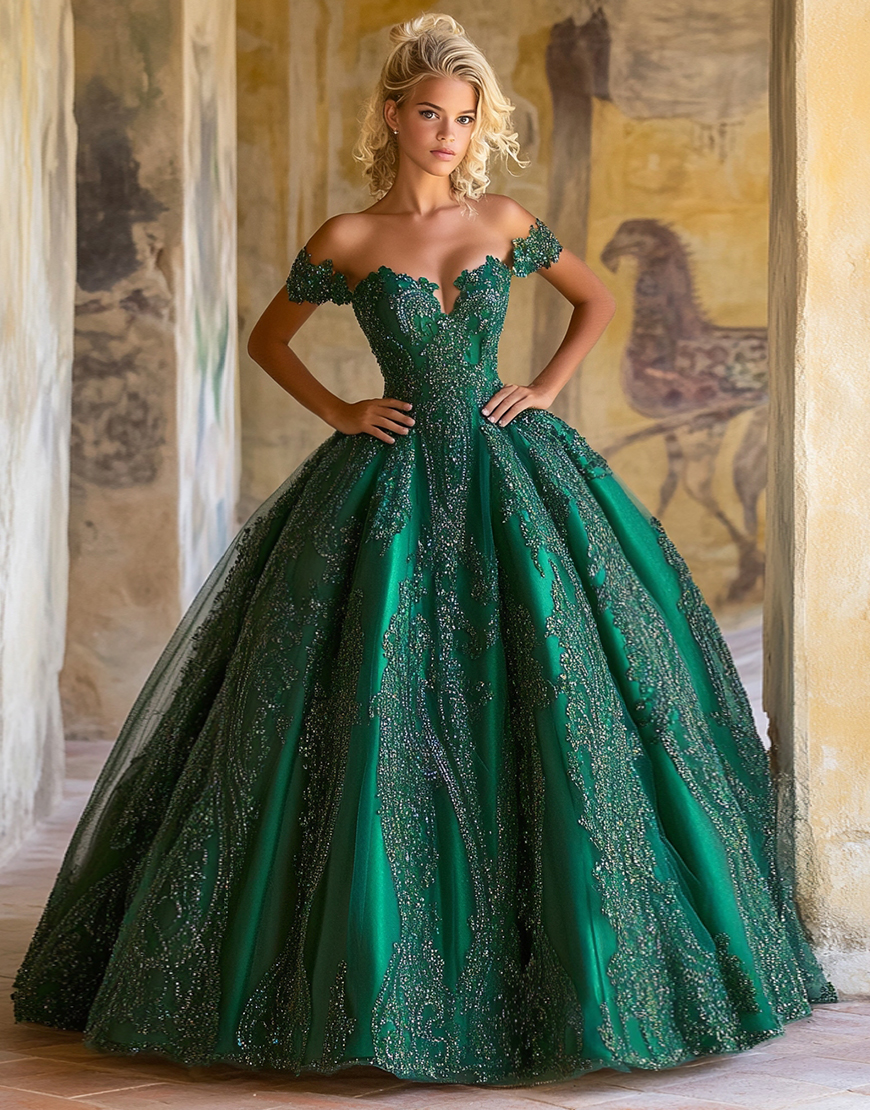 Sparkly Dark Green Ball Gown Off the Shoulder Sequined Quinceanera Dress