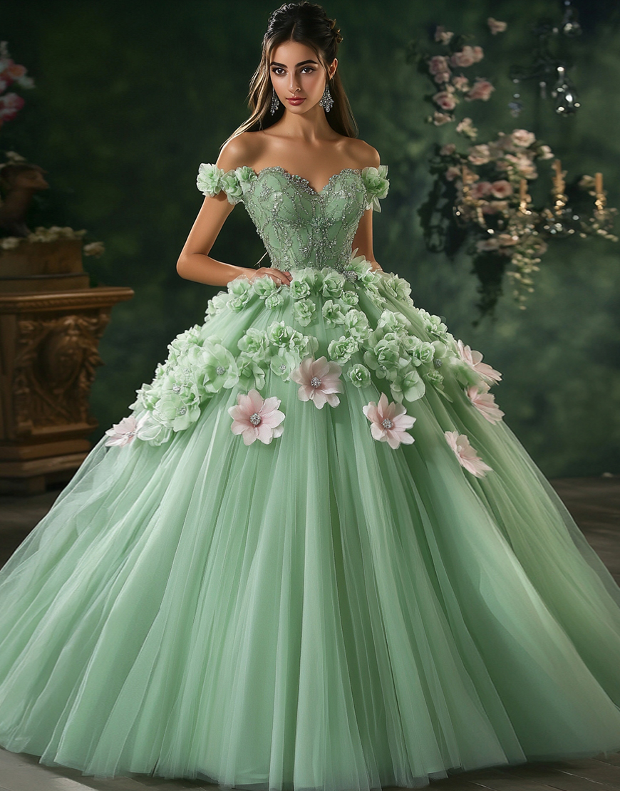 Sparkly Green Ball Gown Off the Shoulder 3D Flowers Tulle Quinceanera Dress