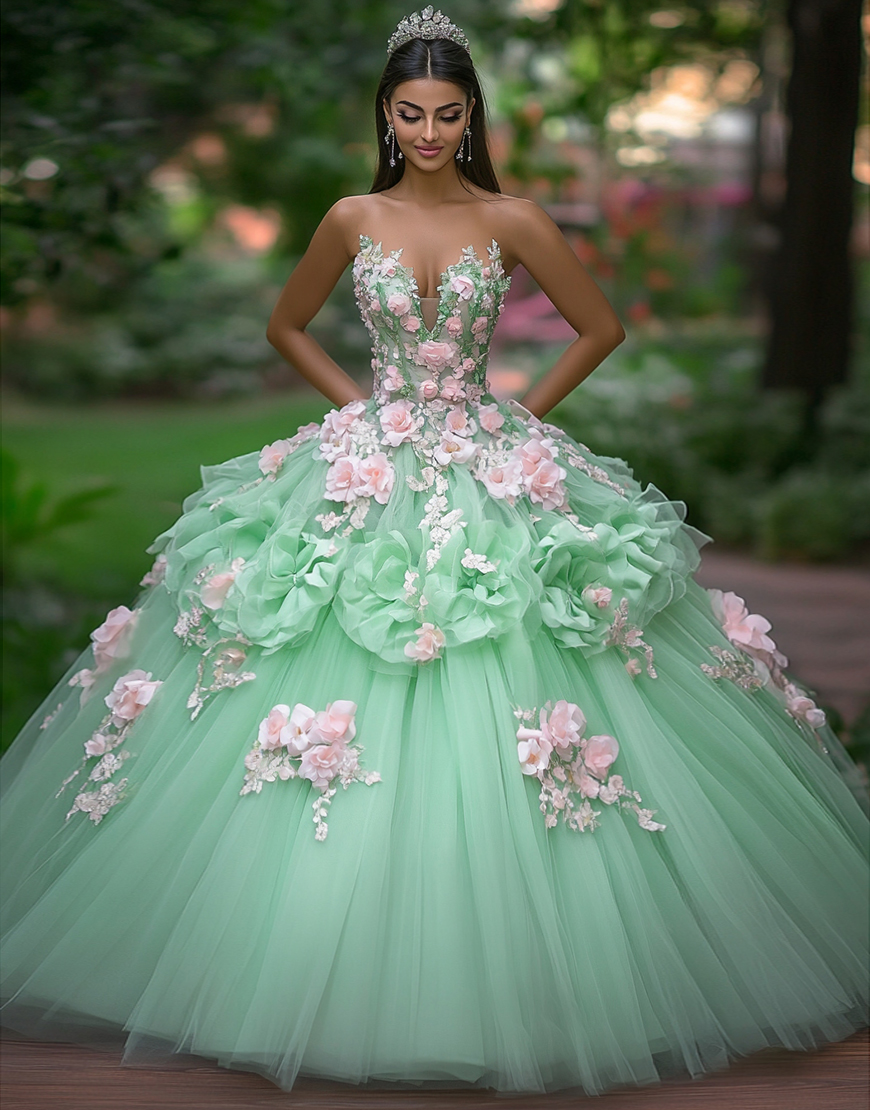 Sparkly Green Strapless 3D Flowers Ruffles Tulle Quinceanera Dress