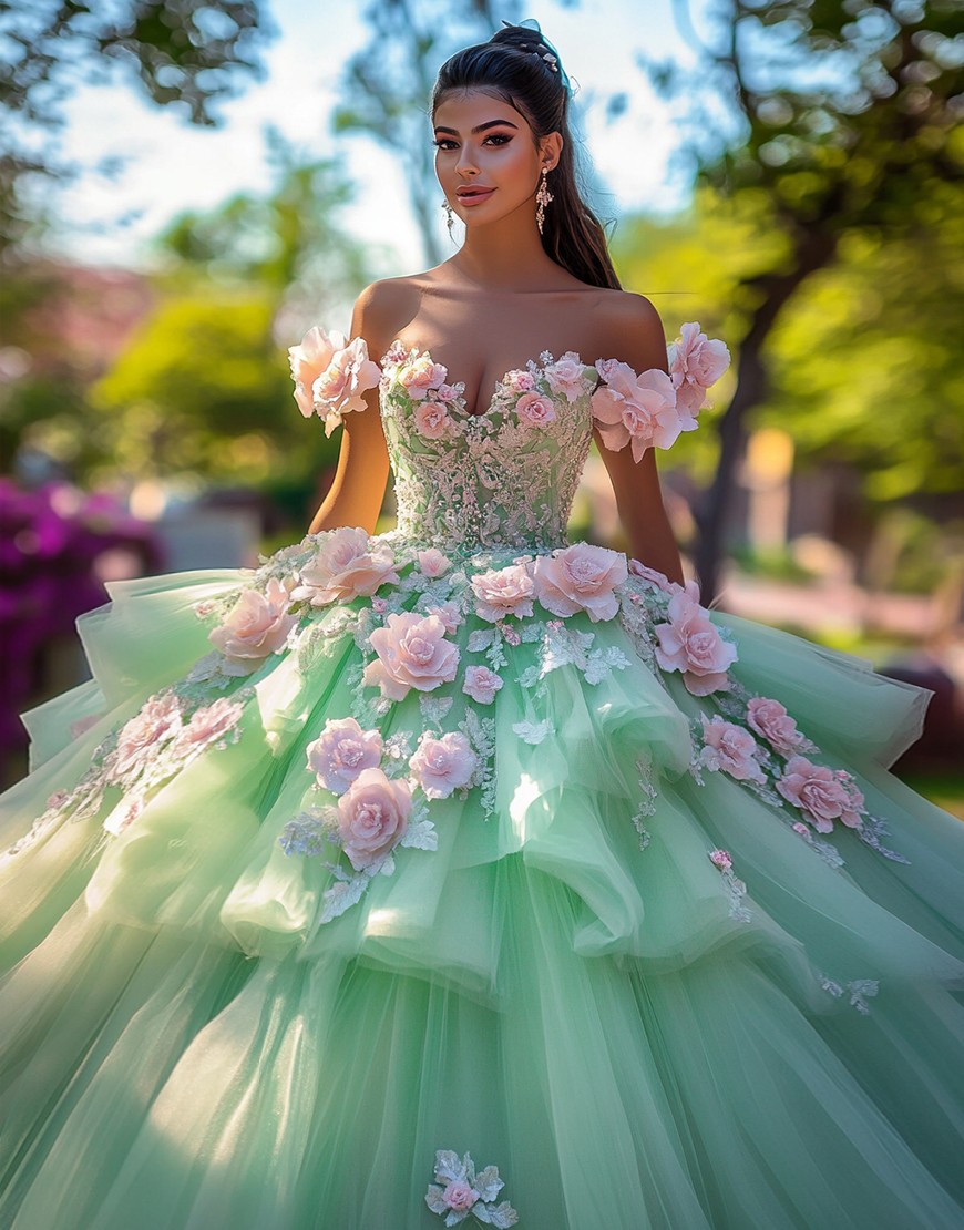 Sparkly Green Off the Shoulder 3D Flowers Ruffles Tulle Quinceanera Dress
