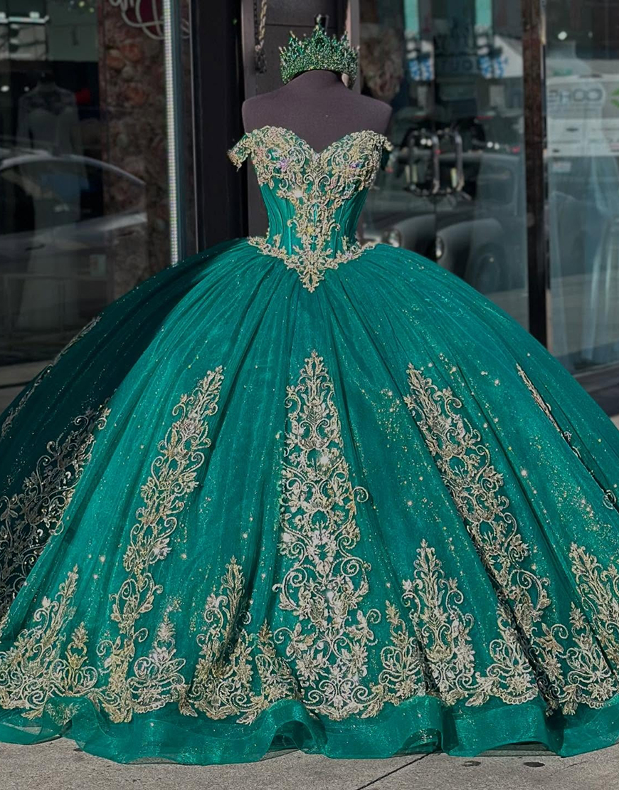 Sparkly Dark Green Off The Shoulder Sequined Tulle Quinceanera Dress with Appliques