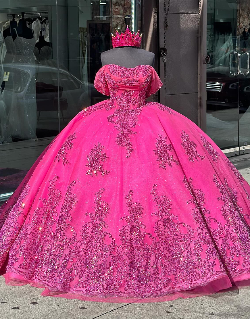 Sparkly Fuchsia Off The Shoulder Sequined Tulle Sweet 16 Dresses with Appliques