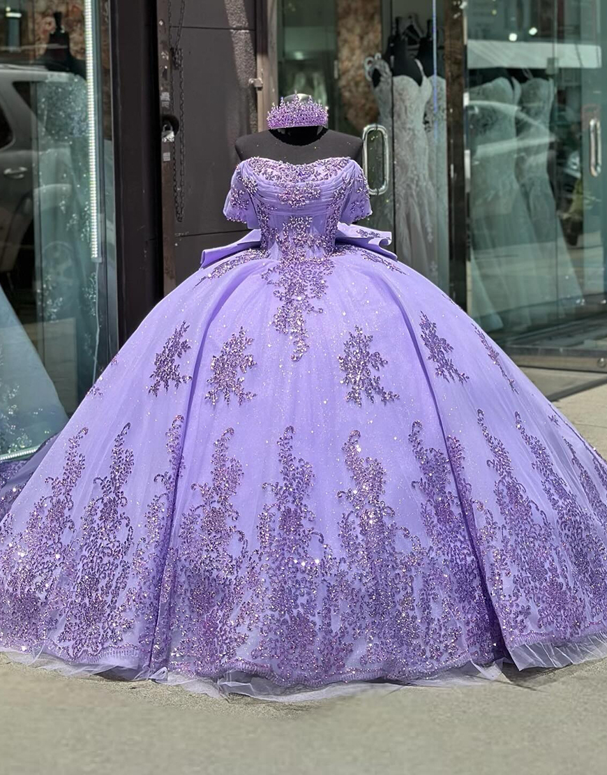 Sparkly Purple Off The Shoulder Sequined Tulle Sweet 16 Dresses with Appliques