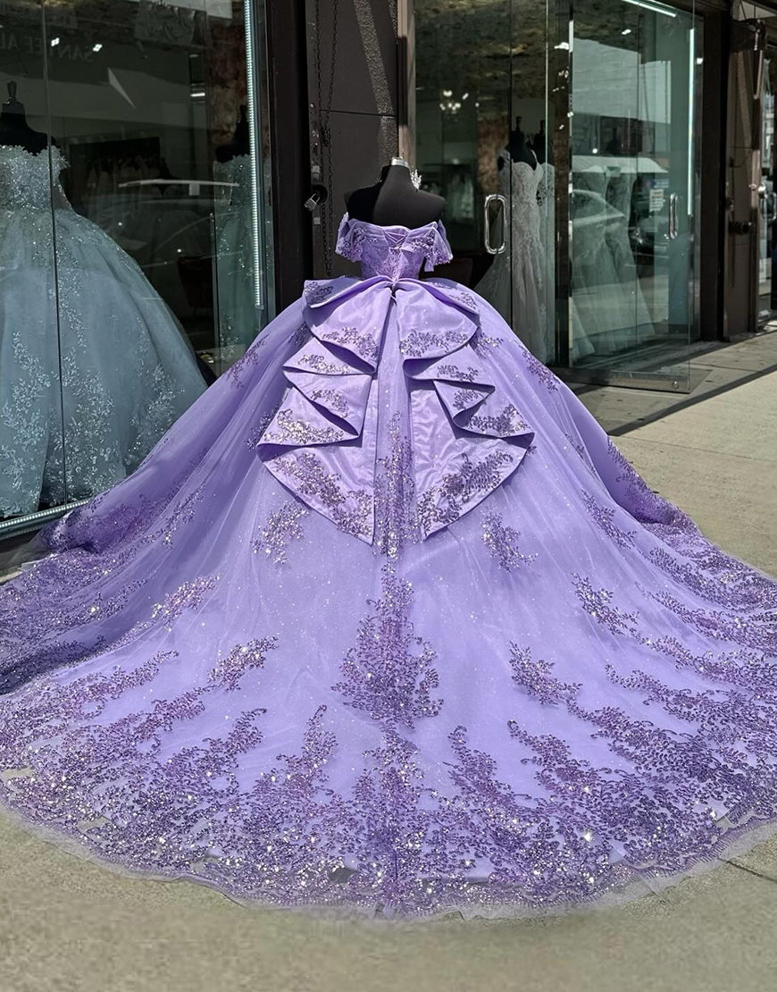 Sparkly Purple Off The Shoulder Sequined Tulle Sweet 16 Dresses with Appliques
