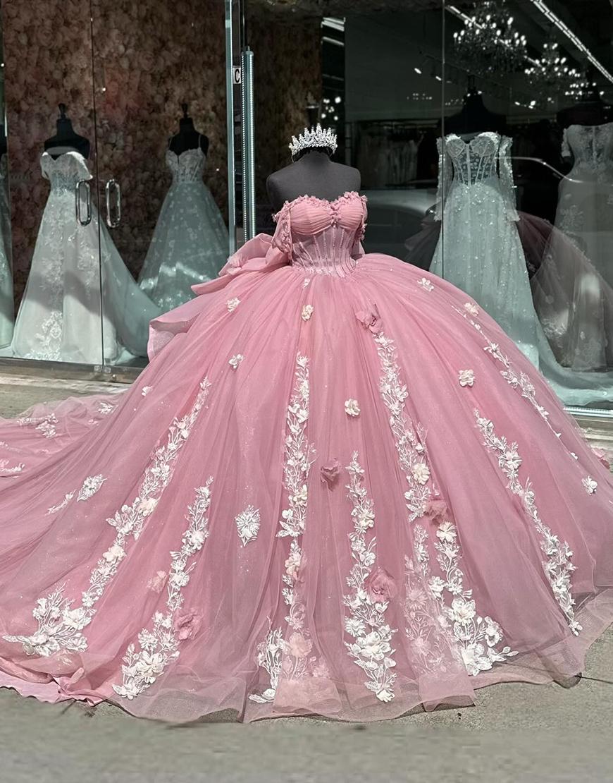 Sparkly Pink Off The Shoulder Sequined Tulle Sweet 16 Dresses with Appliques