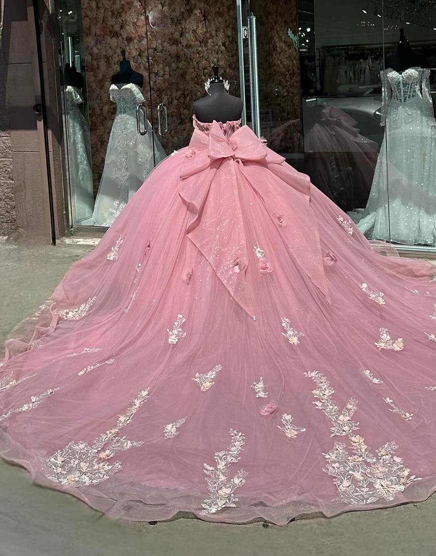 Sparkly Pink Off The Shoulder Sequined Tulle Sweet 16 Dresses with Appliques