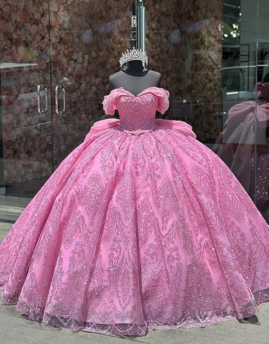 Sparkly Hot Pink Off The Shoulder Sequined Tulle Sweet 16 Dresses with Appliques