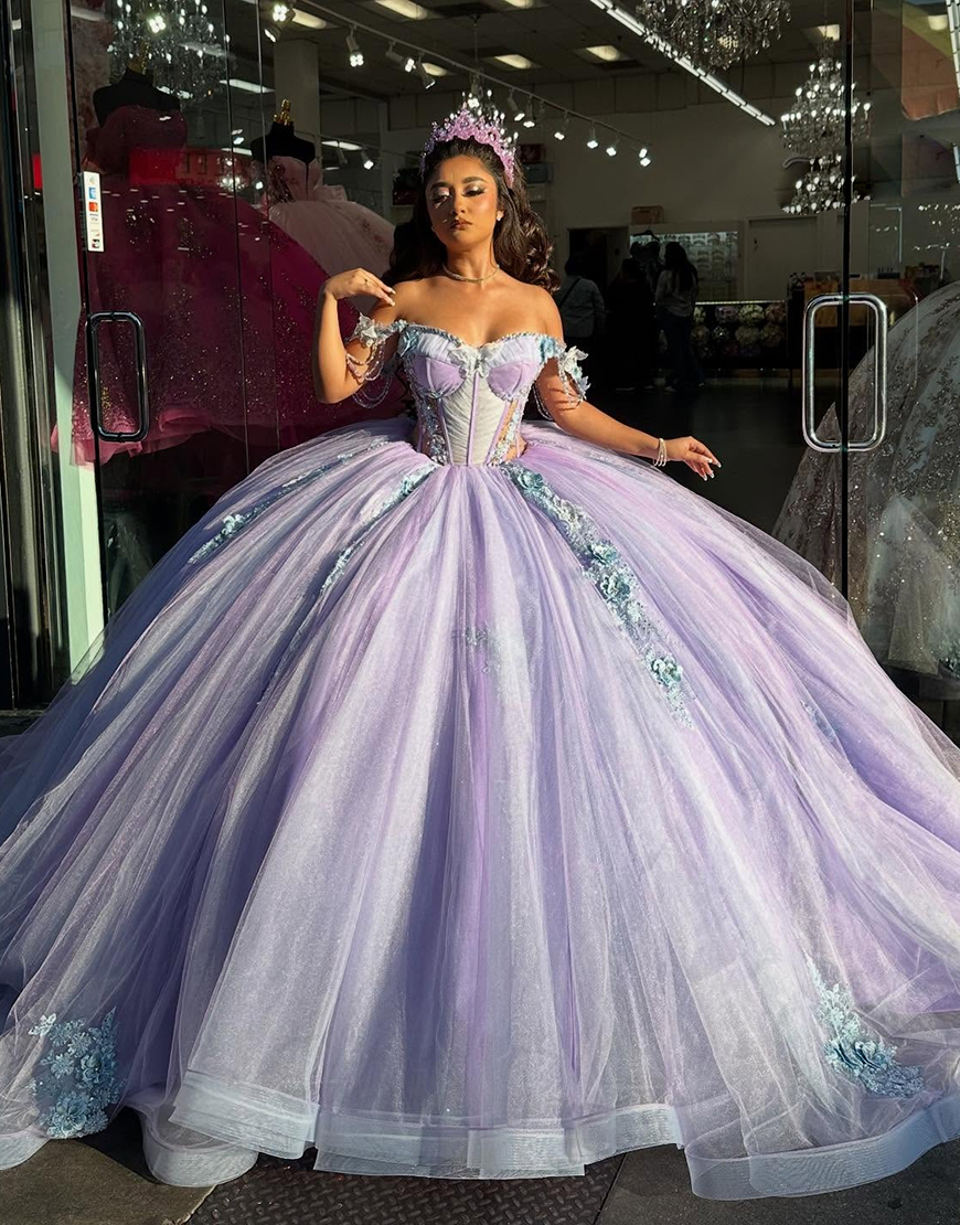 Sparkly Lilac Off The Shoulder Sequined Tulle Sweet 16 Dresses with Appliques