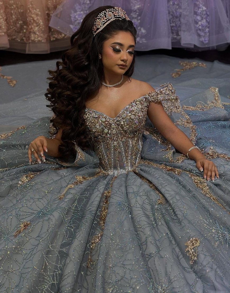 Sparkly Grey Purple Off The Shoulder Sequined Tulle Sweet 16 Dresses with Beading