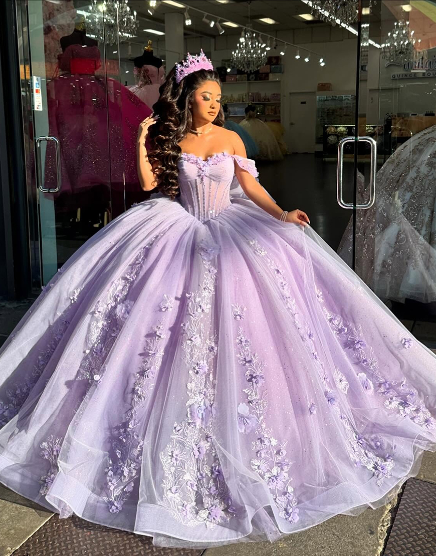 Sparkly Lilac Off The Shoulder Sequined Tulle Smasquerade Ball Gowns with Appliques