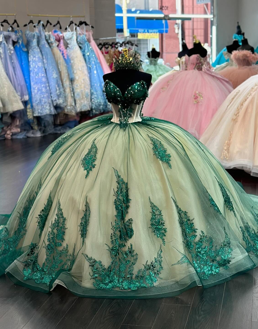 Sparkly Green Off The Shoulder Sequined Tulle Smasquerade Ball Gowns with Appliques