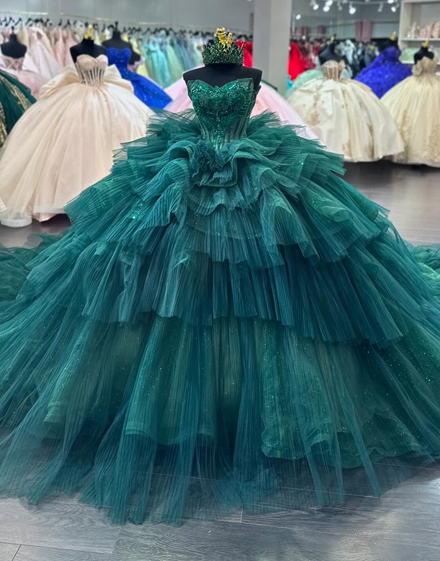 Sparkly Dark Green Off The Shoulder Ruffle Sequined Tulle Smasquerade Ball Gowns with Appliques
