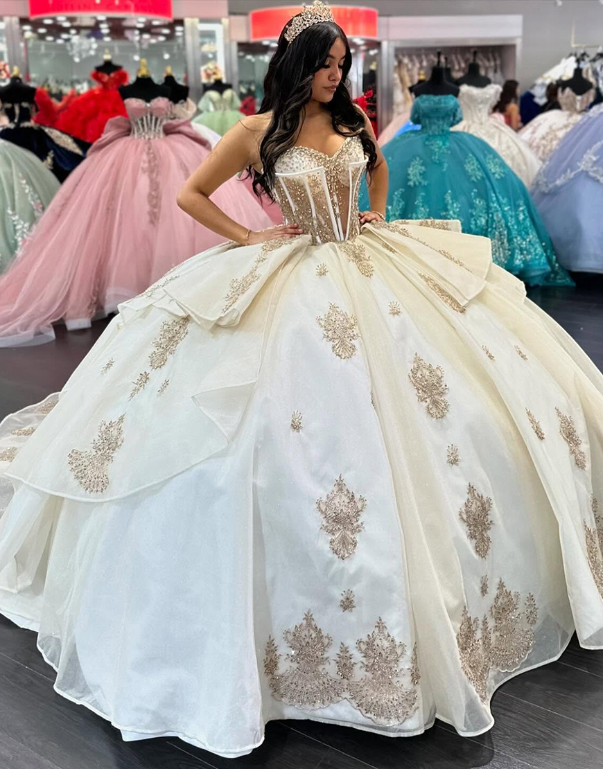 Sparkly Apricot Off The Shoulder Sequined Tulle Smasquerade Ball Gowns with Beading