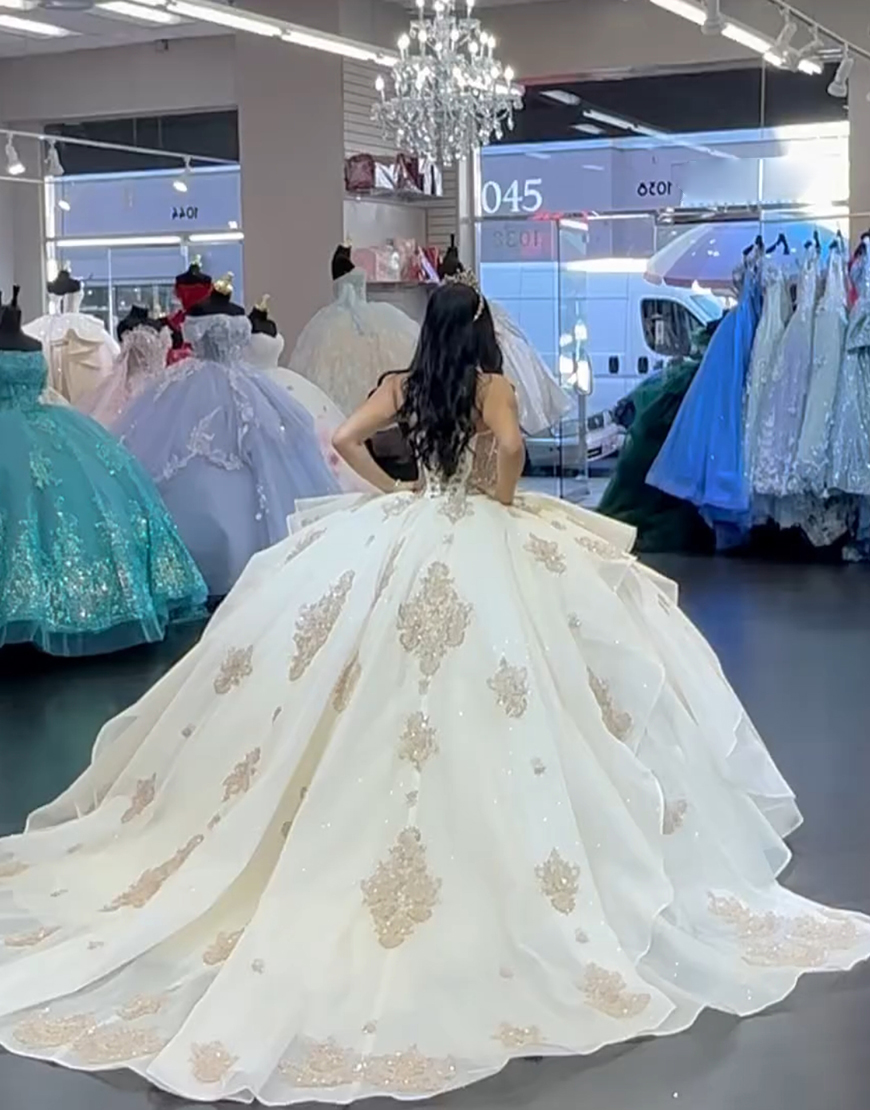 Sparkly Apricot Off The Shoulder Sequined Tulle Smasquerade Ball Gowns with Beading