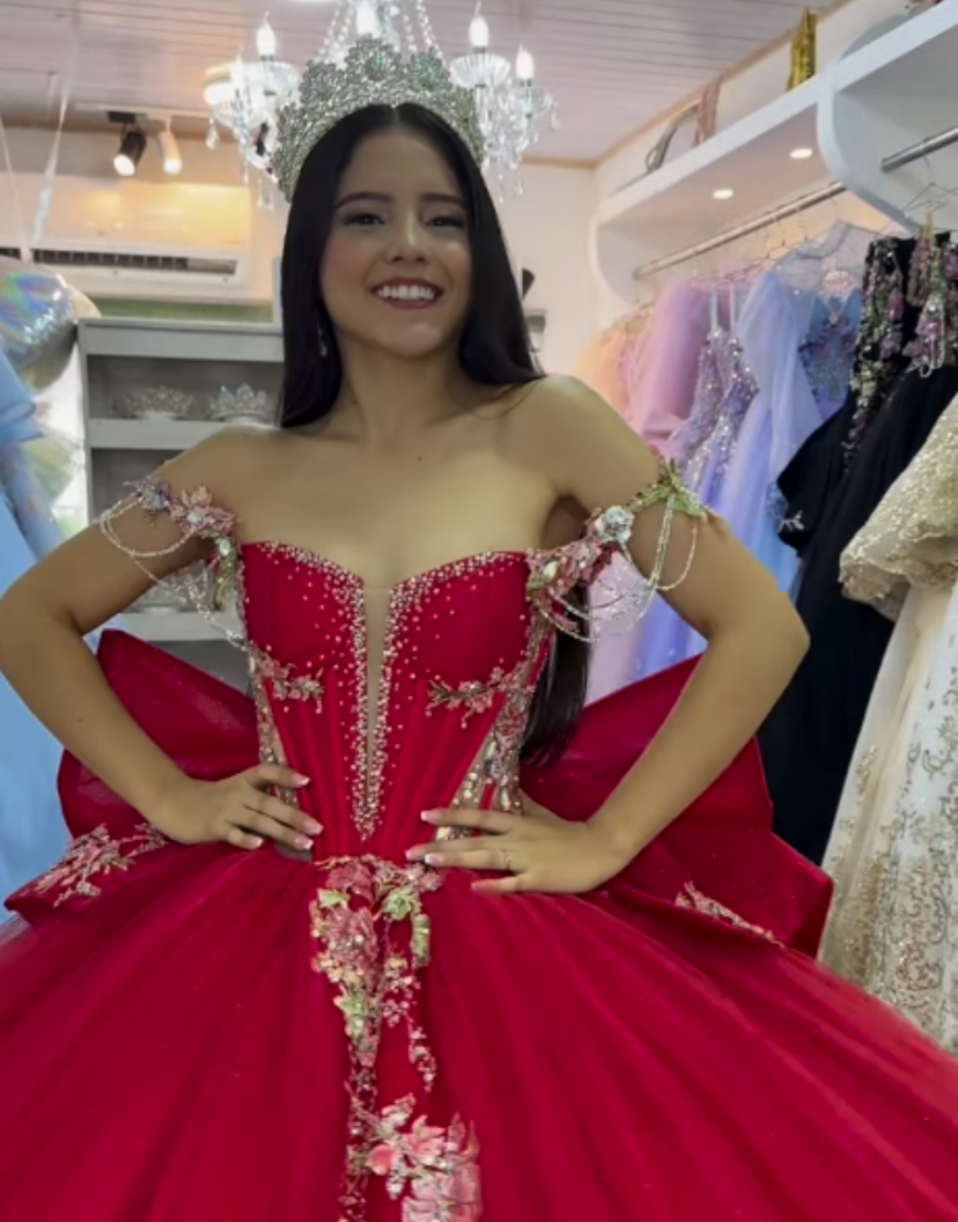 Sparkly Pink Off The Shoulder Sequined Bowknot Smasquerade Ball Gowns with Beading