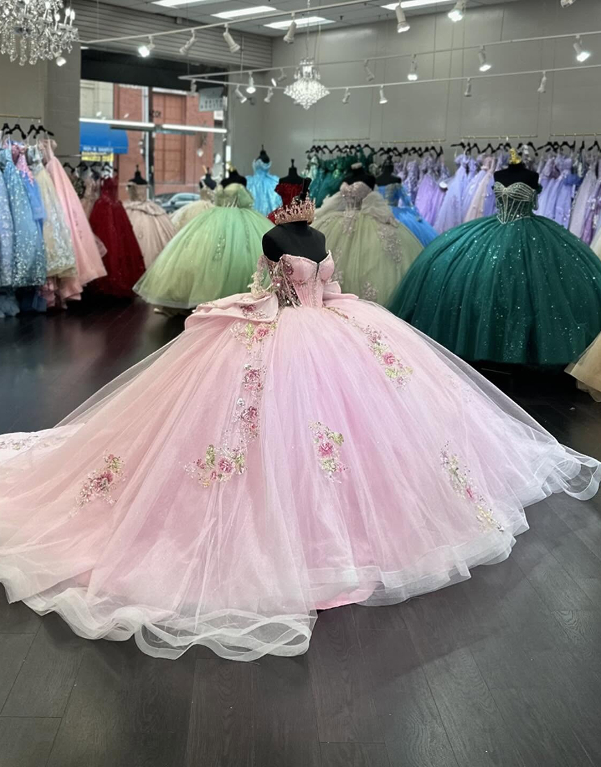 Sparkly Pink Off The Shoulder Sequined Bowknot Smasquerade Ball Gowns with Beading