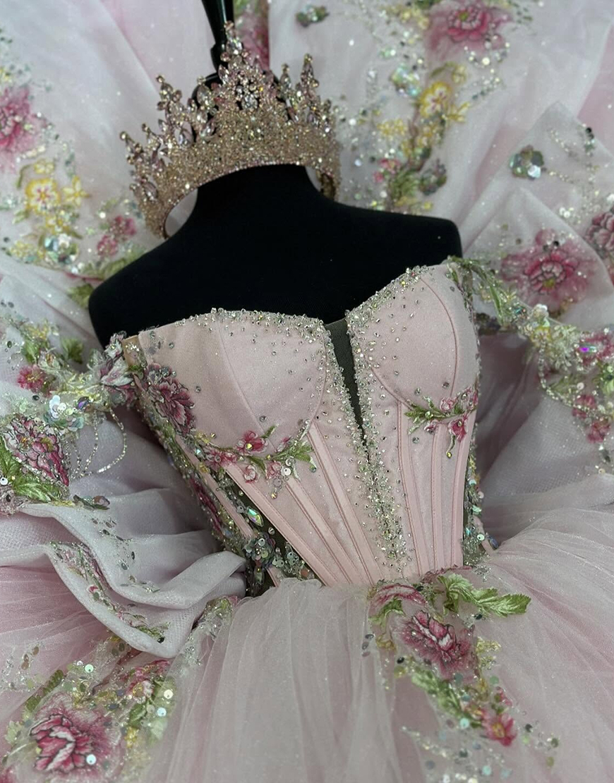 Sparkly Pink Off The Shoulder Sequined Bowknot Smasquerade Ball Gowns with Beading